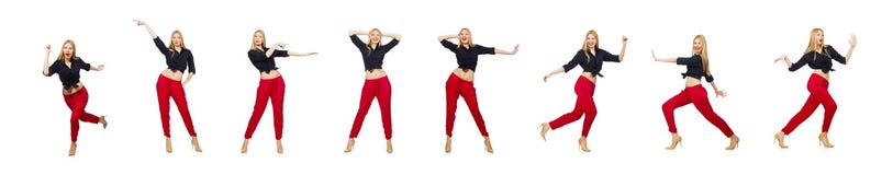 Frau in den roten Hosen lokalisiert auf Wei? stockfoto Frau in den roten Hosen lokalisiert auf Wei? stockfoto
