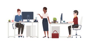 Frauen, die im Büro arbeiten Weibliche Sekretäre kleideten in der intelligenten Kleidung an, die in den Stühlen an den Schreibtis vektor abbildung Frauen, die im Büro arbeiten Weibliche Sekretäre kleideten in der intelligenten Kleidung an, die in den Stühlen an den Schreibtis vektor abbildung