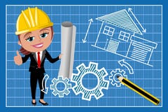 Frauen-weiblicher Architekt Thumb Up Blueprint Lizenzfreie Stockfotos Frauen-weiblicher Architekt Thumb Up Blueprint Lizenzfreie Stockfotos