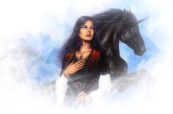 Frauengöttin im historischen Kleid und in einem schwarzen Einhorn in den Wolken, schönes ausführliches Ölgemälde auf Segeltuch lizenzfreie stockfotos Frauengöttin im historischen Kleid und in einem schwarzen Einhorn in den Wolken, schönes ausführliches Ölgemälde auf Segeltuch lizenzfreie stockfotos