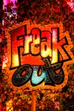 Freak Out neon sign, in vibrant orange, red, yellow and blue colours stock photo Freak Out neon sign, in vibrant orange, red, yellow and blue colours stock photo