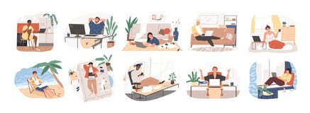 Freelance people work in comfortable conditions set vector flat illustration. Freelancer character working from home or