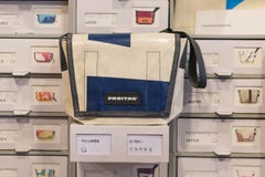 Freitag bag, blue and white royalty free stock images Freitag bag, blue and white royalty free stock images