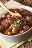 French cuisine: Coq au vin in wine close-up in a bowl. vert Royalty Free Stock Image French cuisine: Coq au vin in wine close-up in a bowl. vert Royalty Free Stock Image