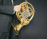 French horn player. Music instrument horn in the hands of hornist. A man in a suit with a musical instrument. royalty free stock image French horn player. Music instrument horn in the hands of hornist. A man in a suit with a musical instrument. royalty free stock image