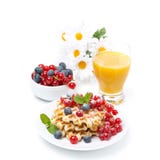 Fresh Breakfast With Waffles, Berries And Orange Juice, Isolated Stock Photography