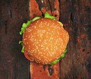 Fresh Burger On Vintage Wooden Table. Top View Stock Image