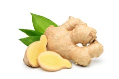 Fresh ginger rhizome with sliced and green leaves