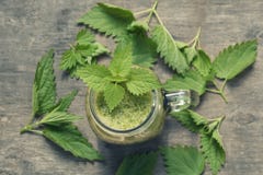 Fresh green smoothie with wild nettle and other herbs in mason jar. stock photos Fresh green smoothie with wild nettle and other herbs in mason jar. stock photos