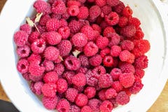 Fresh red raspberry in white bucket bright stock photos Fresh red raspberry in white bucket bright stock photos