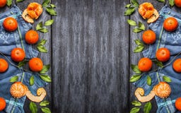 Fresh Tangerines With Leaves On Blue Rustic Wooden Background, Top View Stock Photography Fresh Tangerines With Leaves On Blue Rustic Wooden Background, Top View Stock Photography