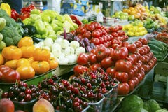 Fresh vegetables and fruits on farmer agricultural market