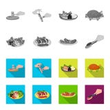 Fried chicken, vegetable salad, shish kebab with vegetables, fried sausages on a plate. Food and Cooking set collection vector illustration Fried chicken, vegetable salad, shish kebab with vegetables, fried sausages on a plate. Food and Cooking set collection vector illustration