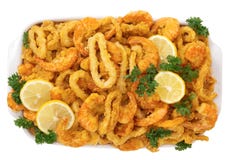 Fried Shrimp And Calamari With Lemon Stock Photo Fried Shrimp And Calamari With Lemon Stock Photo