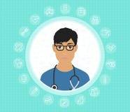 A friendly doctor in glasses and medical gown with medical icons. Vector flat design illustration vector illustration A friendly doctor in glasses and medical gown with medical icons. Vector flat design illustration vector illustration