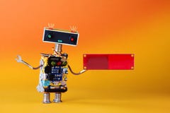 Friendly robot with blank red circuit board for text. Orange yellow background, copy space stock image Friendly robot with blank red circuit board for text. Orange yellow background, copy space stock image