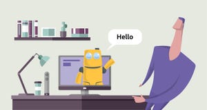 Friendly robot talking to a man from computer screen. Chatbot conversation. Chatterbot saing hello. Concept vector royalty free illustration Friendly robot talking to a man from computer screen. Chatbot conversation. Chatterbot saing hello. Concept vector royalty free illustration