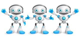 Friendly robots vector character set. Funny mascot robot design Royalty Free Stock Photo Friendly robots vector character set. Funny mascot robot design Royalty Free Stock Photo
