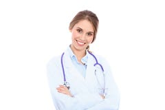 Friendly smiling young female doctor, over white background royalty free stock image Friendly smiling young female doctor, over white background royalty free stock image