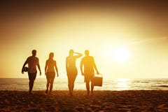 Friends beach sunset concept with stuff stock photos Friends beach sunset concept with stuff stock photos