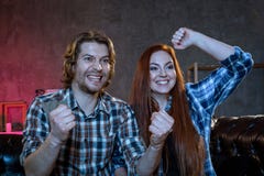 Friends are fans of sports games as football, basketball, hockey royalty free stock photography Friends are fans of sports games as football, basketball, hockey royalty free stock photography