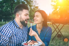 Friends making barbecue and having lunch in the nature. Couple having fun while eating and drinking at a pic-nic - Happy stock photos Friends making barbecue and having lunch in the nature. Couple having fun while eating and drinking at a pic-nic - Happy stock photos