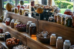 Frische geschmackvolle Kürbise und konserviertes und in Essig eingelegtes Saisongemüse und Honig in den Glasgefäßen und auf Körbe stockfotografie Frische geschmackvolle Kürbise und konserviertes und in Essig eingelegtes Saisongemüse und Honig in den Glasgefäßen und auf Körbe stockfotografie