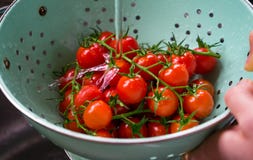 Frische organische Kirschtomaten gewaschen im Sieb lizenzfreie stockfotografie Frische organische Kirschtomaten gewaschen im Sieb lizenzfreie stockfotografie
