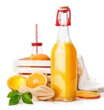 Frischer Orangensaft mit Frucht und Grün lizenzfreie stockfotos Frischer Orangensaft mit Frucht und Grün lizenzfreie stockfotos
