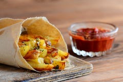 Fritures croquantes de pomme de terre avec des épices La pomme de terre d'or fait frire en papier, sauce épicée à ketchup Fond en images stock Fritures croquantes de pomme de terre avec des épices La pomme de terre d'or fait frire en papier, sauce épicée à ketchup Fond en images stock