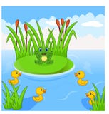 Frog and four little cute ducklings in the river vector illustration Frog and four little cute ducklings in the river vector illustration