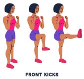 Front kicks. Sport exersice. Silhouettes of woman doing exercise. Workout, training