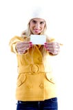 Front View Of Smiling Woman Showing Business Card Royalty Free Stock Images Front View Of Smiling Woman Showing Business Card Royalty Free Stock Images
