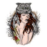 Fronte dipinto, donna del nativo americano con la maschera di guerra e pelle del lupo Vernice incrinata Giovane ragazza dello sci illustrazione di stock Fronte dipinto, donna del nativo americano con la maschera di guerra e pelle del lupo Vernice incrinata Giovane ragazza dello sci illustrazione di stock