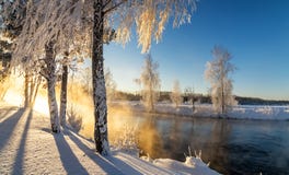 Frostigt vintermorgonlandskap med mist- och skogfloden, Ryssland, Ural fotografering för bildbyråer Frostigt vintermorgonlandskap med mist- och skogfloden, Ryssland, Ural fotografering för bildbyråer