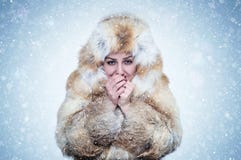 Frozen young woman in a fox fur coat warming hands, cold, snow, frost, blizzard royalty free stock image Frozen young woman in a fox fur coat warming hands, cold, snow, frost, blizzard royalty free stock image