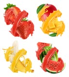 Fruits and berries in splash of juice. Mango, banana, watermelon, strawberry. 3d vector vector illustration Fruits and berries in splash of juice. Mango, banana, watermelon, strawberry. 3d vector vector illustration