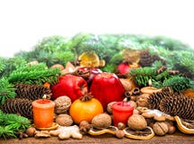 Fruits, cookies nuts and spices with christmas tree branches stock photo Fruits, cookies nuts and spices with christmas tree branches stock photo