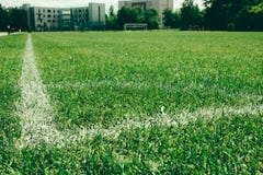 Fryazino, Russland - 06 14 2018: Fußballplatz, grüner Rasen mit einer Linie gezeichnet mit weißer Farbe lizenzfreie stockfotos Fryazino, Russland - 06 14 2018: Fußballplatz, grüner Rasen mit einer Linie gezeichnet mit weißer Farbe lizenzfreie stockfotos