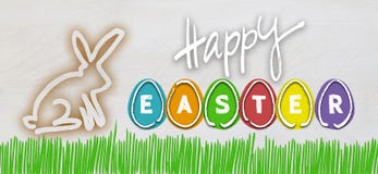 Fröhliche Ostern mit bunten Eiern und Osterhasen auf hellem Holz Lizenzfreies Stockbild Fröhliche Ostern mit bunten Eiern und Osterhasen auf hellem Holz Lizenzfreies Stockbild
