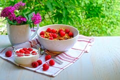 Frühstück mit Himbeeren, Jogurt und muesli Lizenzfreie Stockbilder Frühstück mit Himbeeren, Jogurt und muesli Lizenzfreie Stockbilder