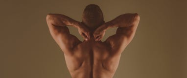 Fuerte y potente Fondo marrón trasero muscular del hombre Hombre divino muscular del culturista atlético Dieta y aptitud fotos de archivo Fuerte y potente Fondo marrón trasero muscular del hombre Hombre divino muscular del culturista atlético Dieta y aptitud fotos de archivo