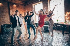 Full Body Photo Of Friends Meeting Rejoicing Dance Floor X-mas Party Festive Cool Mood Glitter Air Wear Luxury Royalty Free Stock Photos