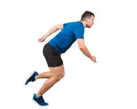 Full length of determined caucasian man athlete fast speed running isolated over white background. Young guy runner wearing black