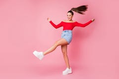 Full Length Photo Of Pretty Funky Lady Skinny Shape Rejoicing Dance Students Disco Party Wear Red Open Shoulders Shirt Stock Photography Full Length Photo Of Pretty Funky Lady Skinny Shape Rejoicing Dance Students Disco Party Wear Red Open Shoulders Shirt Stock Photography
