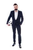 Full length portrait of young handsome bearded businessman with soccer ball isolated on white royalty free stock photos Full length portrait of young handsome bearded businessman with soccer ball isolated on white royalty free stock photos