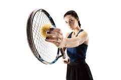 Full length portrait of young woman playing tennis isolated on white background stock photos Full length portrait of young woman playing tennis isolated on white background stock photos