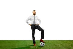 Full length shot of a young businessman playing football isolated on white background stock photos Full length shot of a young businessman playing football isolated on white background stock photos