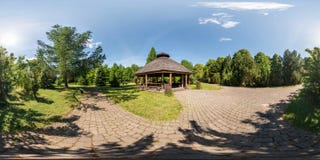 Full seamless panorama 360 by 180 angle view on gazebo in the park dendro in equirectangular equidistant projection, skybox VR royalty free stock photo Full seamless panorama 360 by 180 angle view on gazebo in the park dendro in equirectangular equidistant projection, skybox VR royalty free stock photo