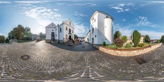 Full spherical seamless hdri panorama 360 degrees in the yard near orthodox church in equirectangular projection with zenith and